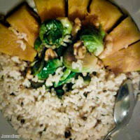 Coconut & lemongrass mixed rice, candied walnuts sauteed with brussel sprouts, green tea roasted kabocha squash